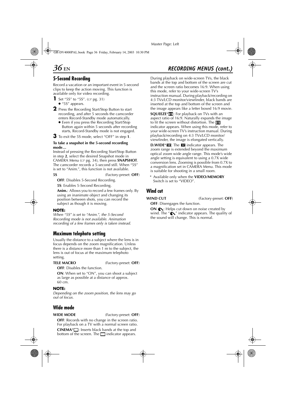 Recording menus (cont.), Second recording, Maximum telephoto setting | Wide mode, Wind cut | JVC GR-DV4000 User Manual | Page 36 / 88