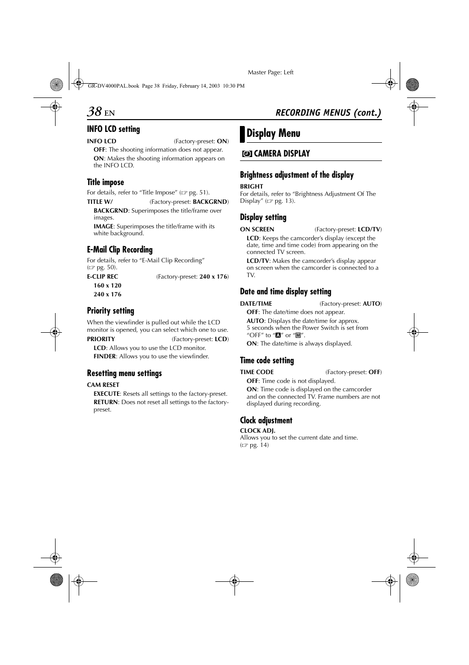 T to “on, Pg. 38), Display menu | Recording menus (cont.) | JVC GR-DV4000 User Manual | Page 38 / 88