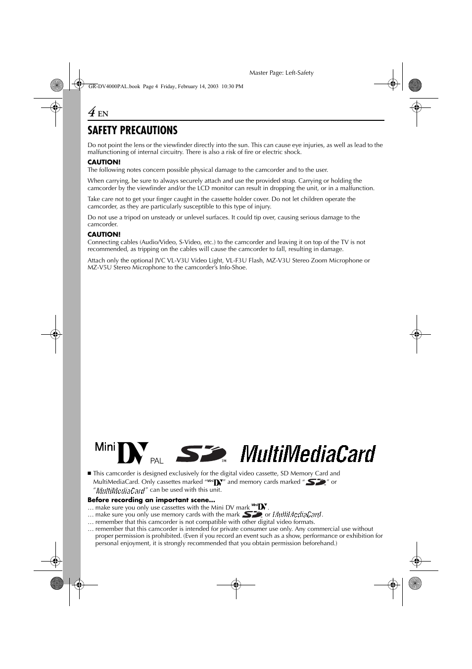 Safety precautions | JVC GR-DV4000 User Manual | Page 4 / 88