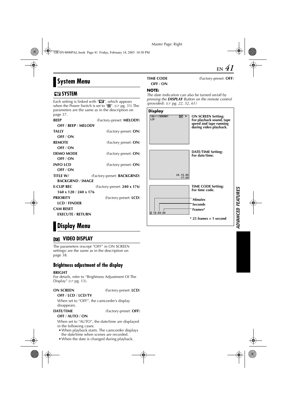 System menu display menu, System, Video display | Brightness adjustment of the display | JVC GR-DV4000 User Manual | Page 41 / 88