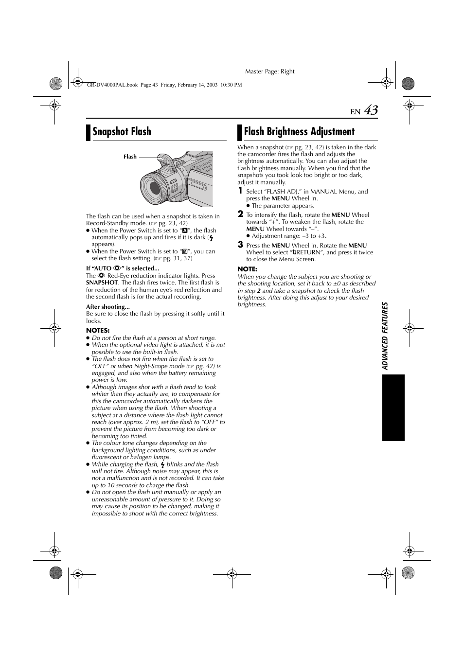 Snapshot flash, Flash brightness adjustment, Snapshot flash flash brightness adjustment | Pg. 43) | JVC GR-DV4000 User Manual | Page 43 / 88