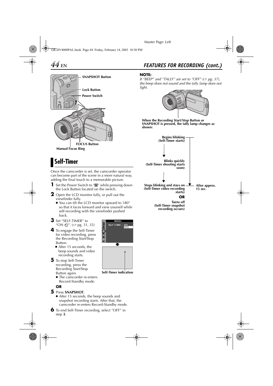 Self-timer, To “self-timer, Pg. 44) | Features for recording (cont.) | JVC GR-DV4000 User Manual | Page 44 / 88