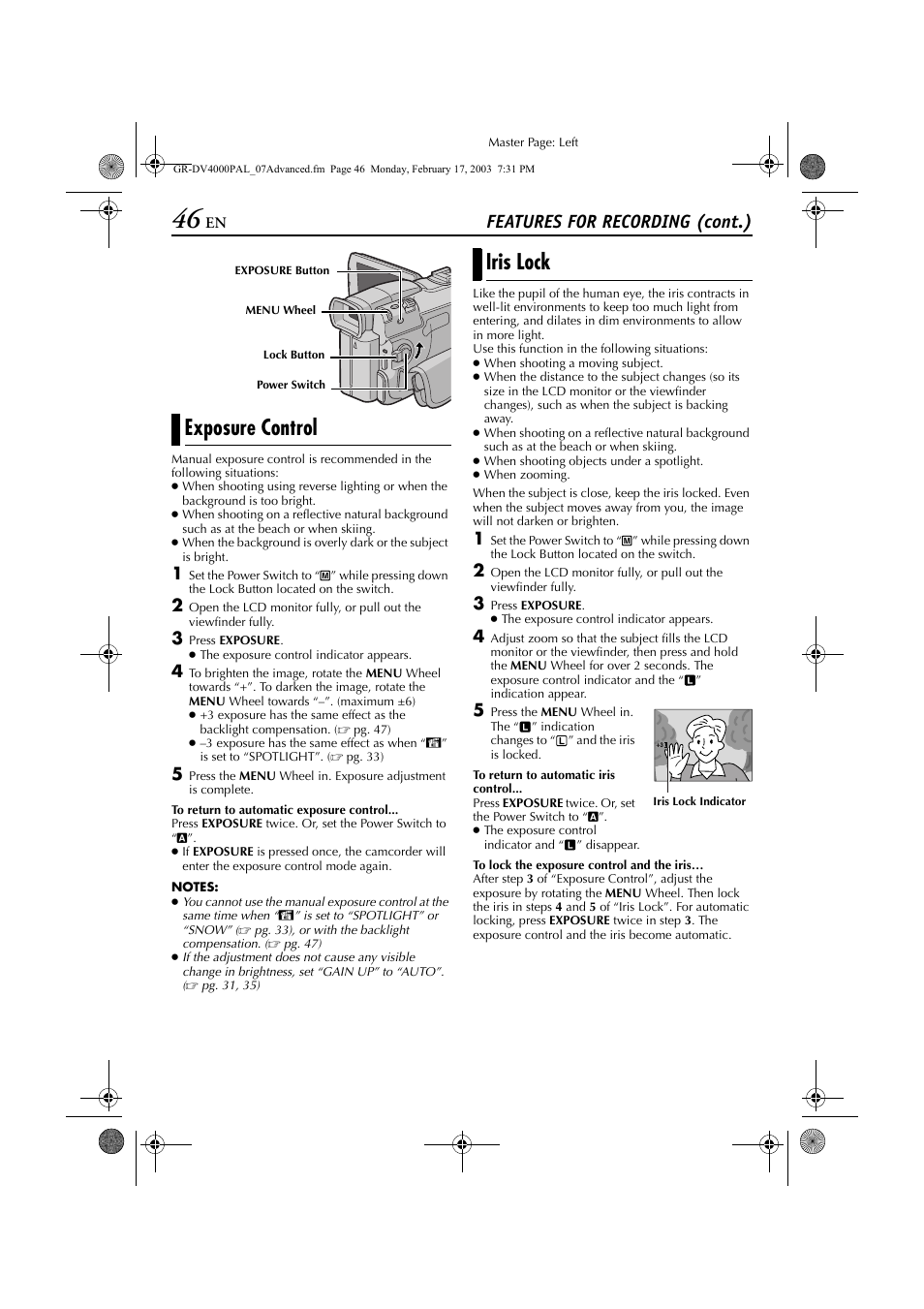 Exposure control, Iris lock, Exposure control iris lock | Re control, Pg. 46), Features for recording (cont.) | JVC GR-DV4000 User Manual | Page 46 / 88