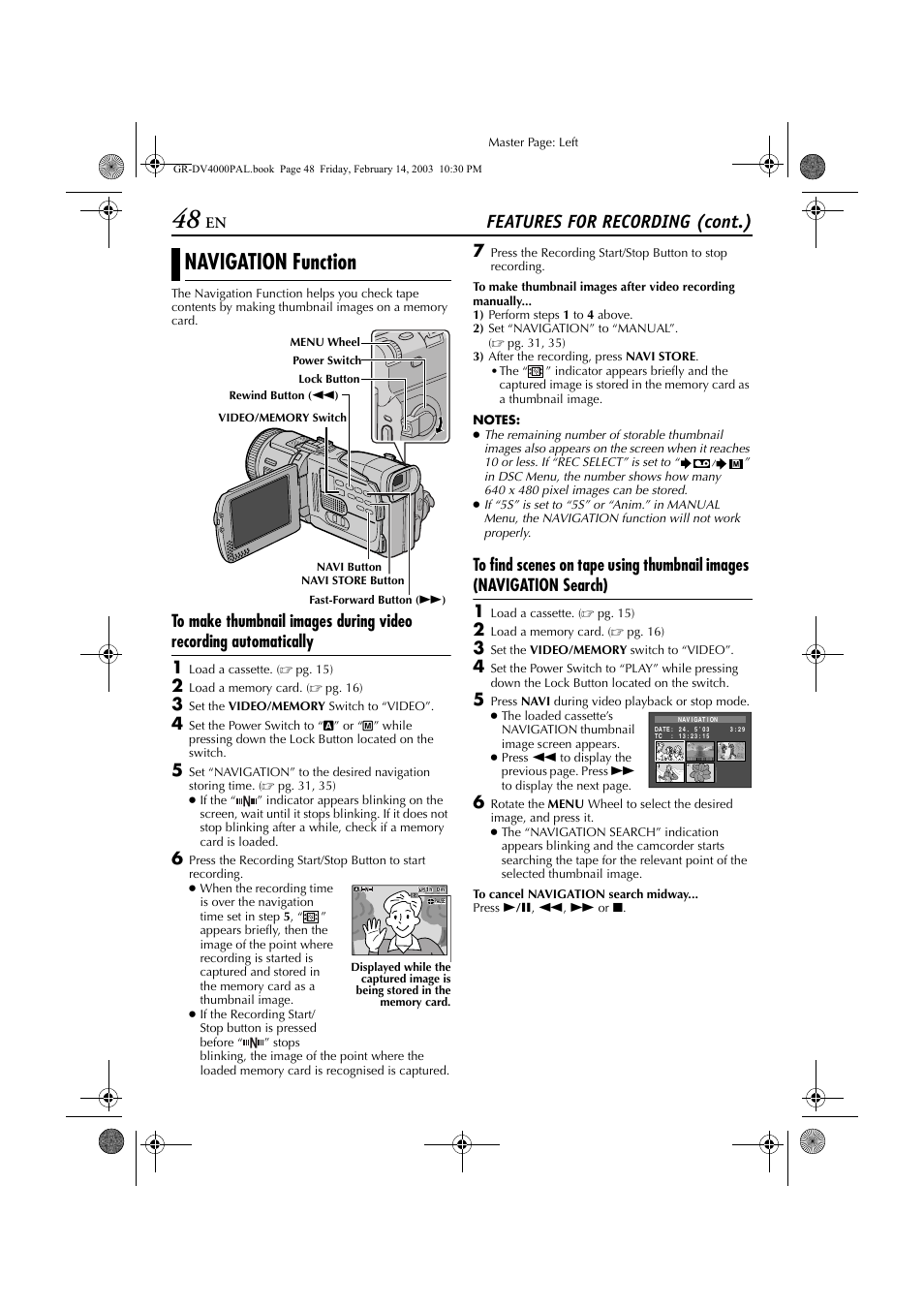 Navigation function, Scenes with the thumbnail images, Pg. 48) | Features for recording (cont.) | JVC GR-DV4000 User Manual | Page 48 / 88