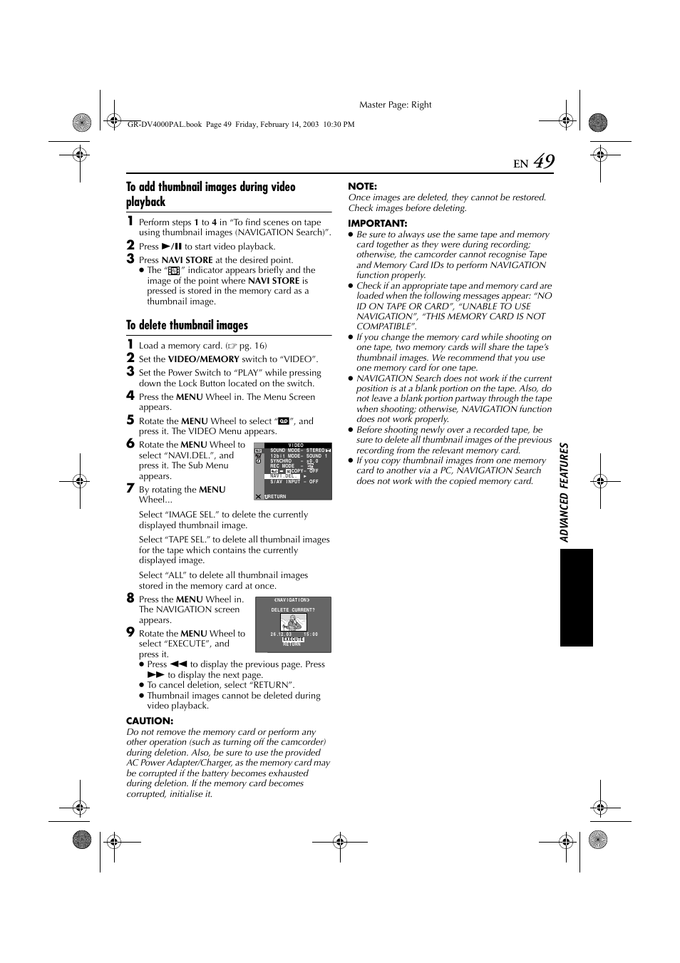 To “to delete thumbnail images, Pg. 49), Ad v a nced fe a ture s | JVC GR-DV4000 User Manual | Page 49 / 88