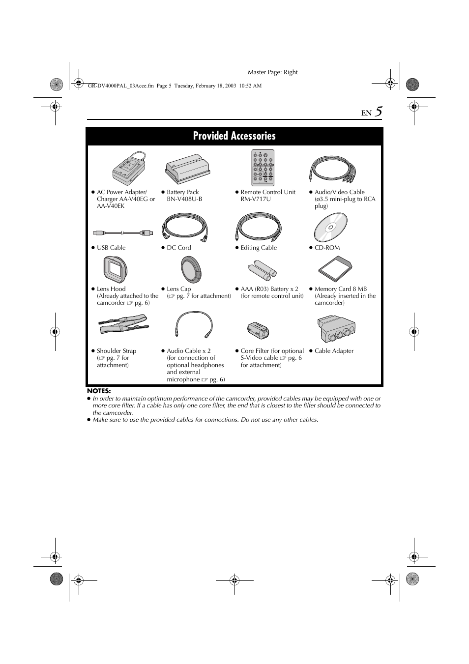 Provided accessories | JVC GR-DV4000 User Manual | Page 5 / 88