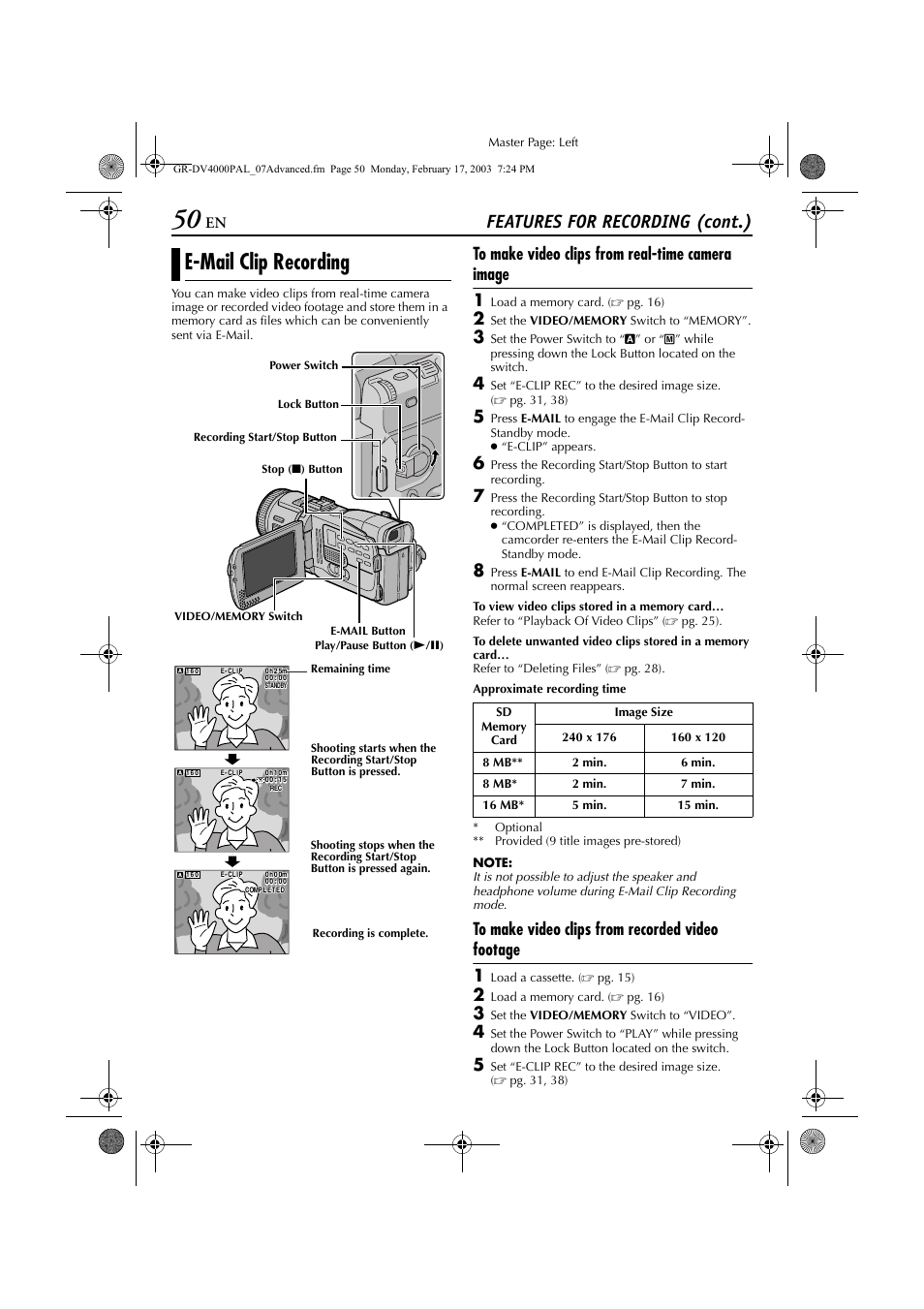 Email clip recording, E-mail clip recording, View video clips | Pg. 50) stored, Pg. 50), Features for recording (cont.) | JVC GR-DV4000 User Manual | Page 50 / 88