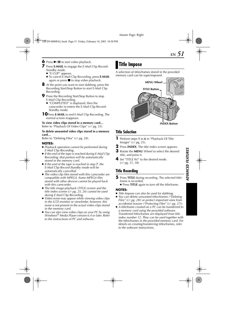 Title impose, Rding, Pg. 51) | Title selection 1, Title recording 5 | JVC GR-DV4000 User Manual | Page 51 / 88