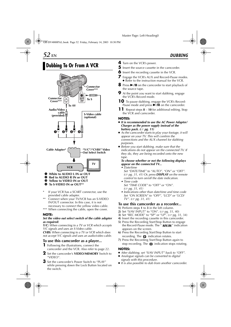 Dubbing, Dubbing to or from a vcr, Ubbing | Pg. 52, 54), Connectors, Pg. 52) | JVC GR-DV4000 User Manual | Page 52 / 88