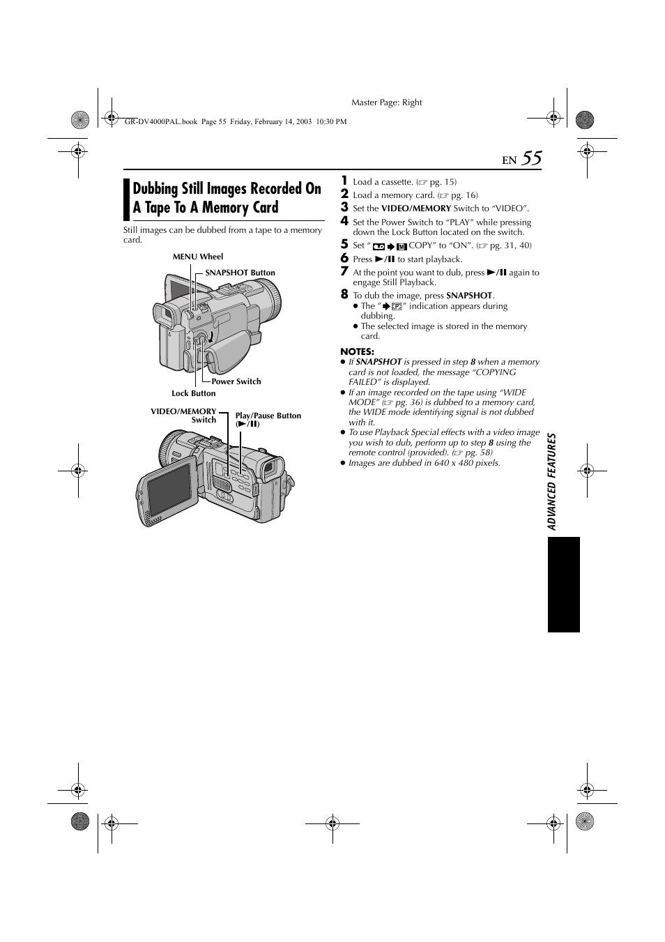 Dubbing still images recorded on a tape to, A memory card, Pg. 55) | JVC GR-DV4000 User Manual | Page 55 / 88