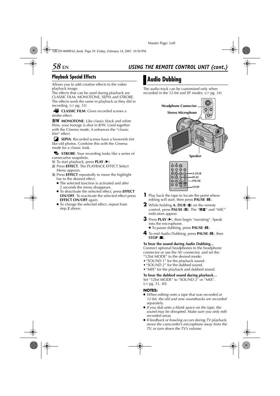 Audio dubbing, Pg. 58) and inser, Or “playback special effects | Pg. 58), Vided), Using the remote control unit (cont.), Playback special effects | JVC GR-DV4000 User Manual | Page 58 / 88