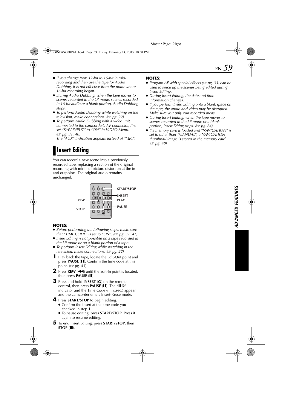Insert editing, Pg. 59) are possible on tapes recorded in t, Pg. 59) | JVC GR-DV4000 User Manual | Page 59 / 88
