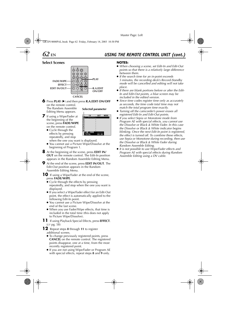 Pg. 62), Using the remote control unit (cont.) | JVC GR-DV4000 User Manual | Page 62 / 88