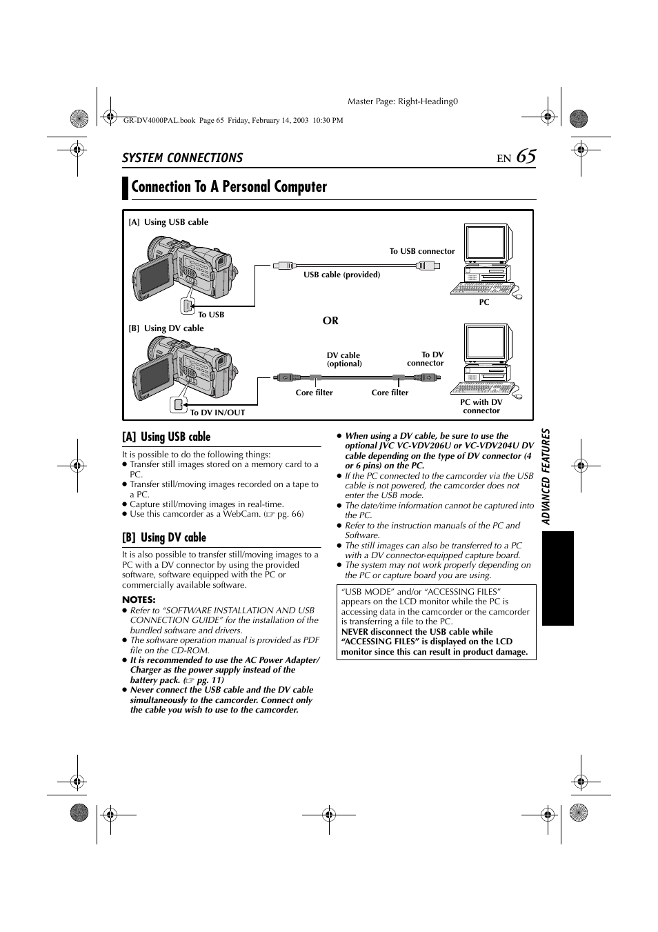 System connections, Connection to a personal computer, A] using usb cable | B] using dv cable | JVC GR-DV4000 User Manual | Page 65 / 88