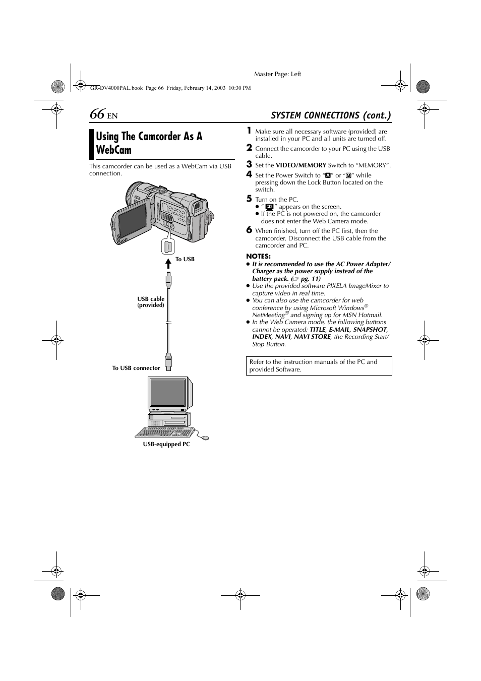 Using the camcorder as a webcam, Pg. 66), System connections (cont.) | JVC GR-DV4000 User Manual | Page 66 / 88