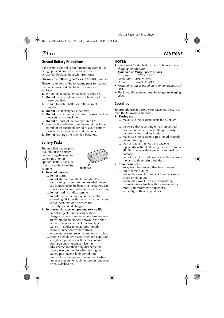 Cautions, General battery precautions, Pg. 74) | To 35°c, Battery packs, Cassettes | JVC GR-DV4000 User Manual | Page 74 / 88