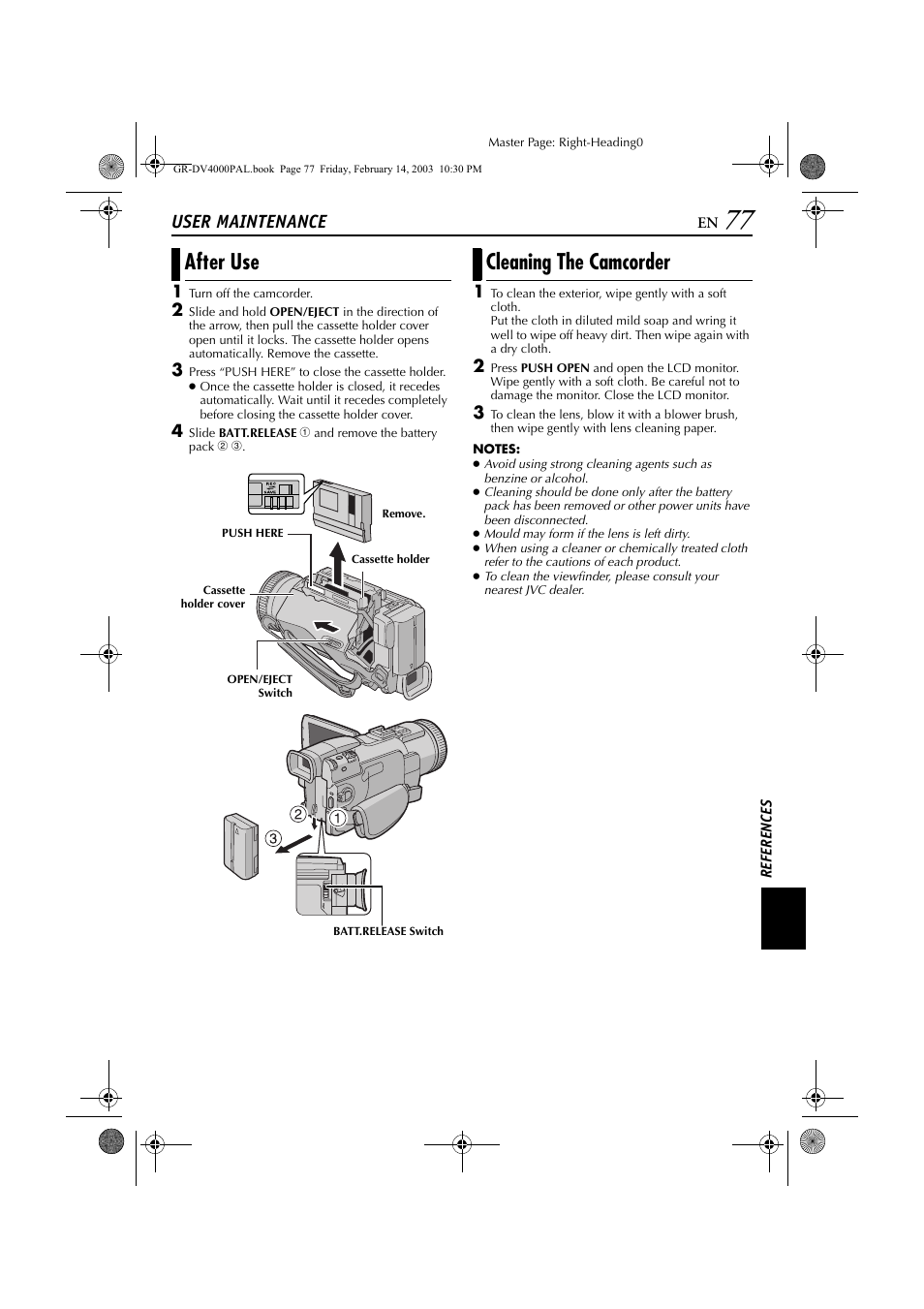 User maintenance, He lens clean, Pg. 77) | Gain, Pg. 77) t, After use, Cleaning the camcorder | JVC GR-DV4000 User Manual | Page 77 / 88