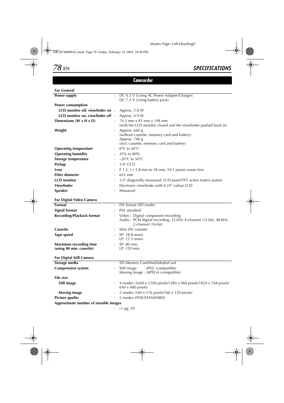 Specifications, Camcorder | JVC GR-DV4000 User Manual | Page 78 / 88