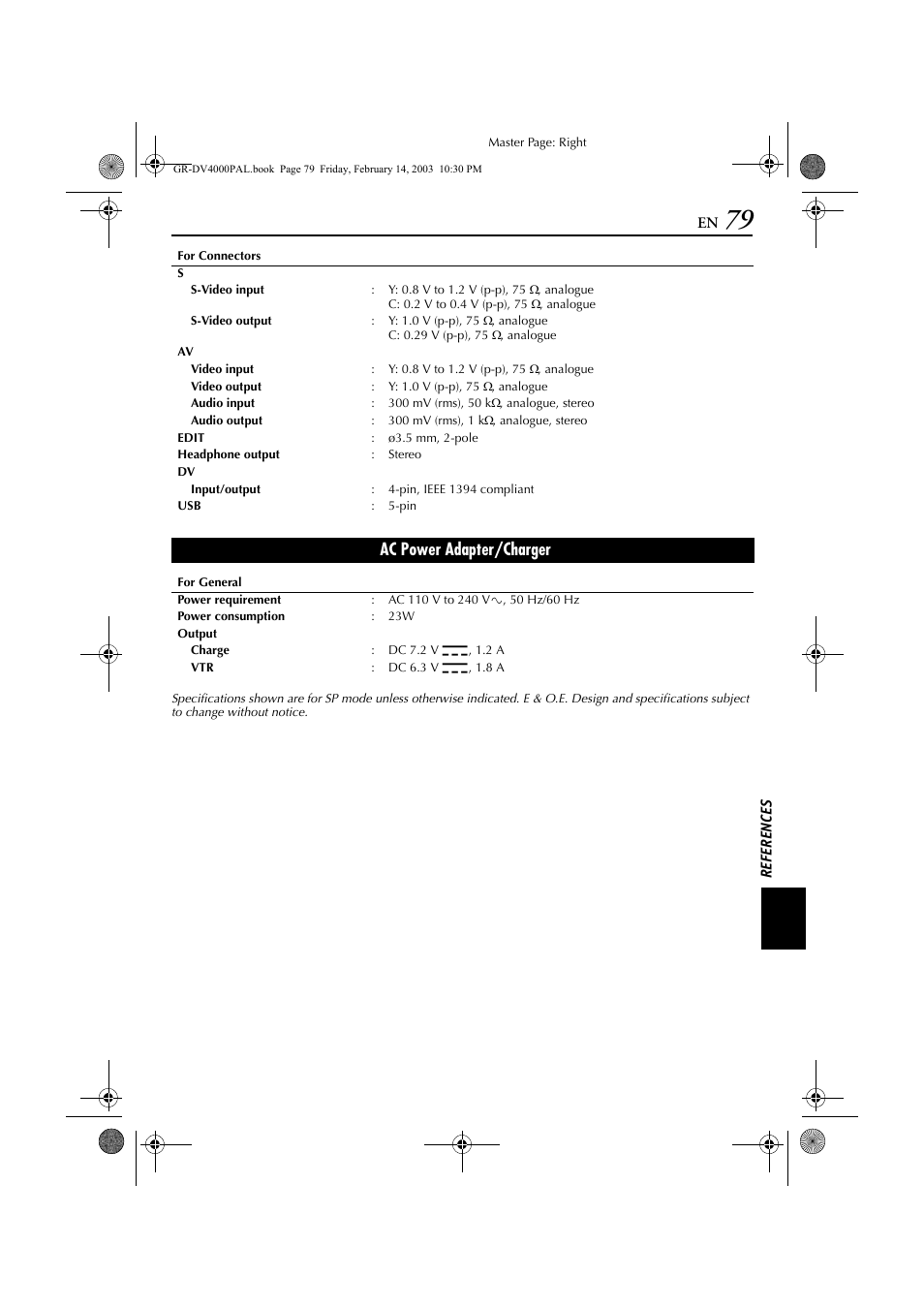 Ac power adapter/charger | JVC GR-DV4000 User Manual | Page 79 / 88