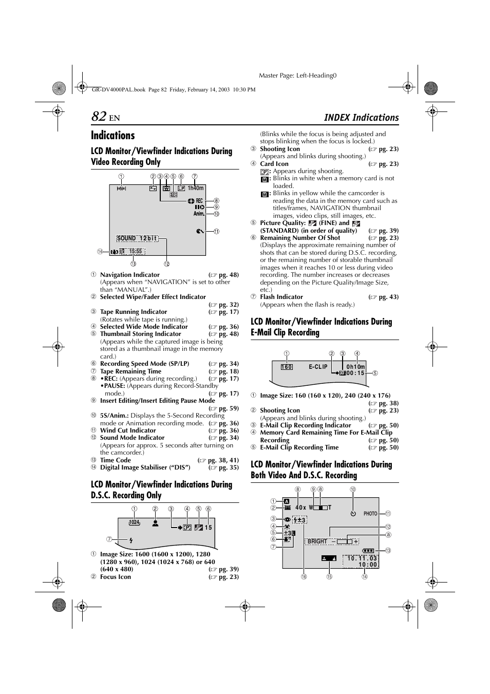 Pg. 82), Shooting icon ( ੬ pg. 82), Icon ( ੬ pg. 82) | Er of shots ( ੬ pg. 82), Indications, Index indications | JVC GR-DV4000 User Manual | Page 82 / 88