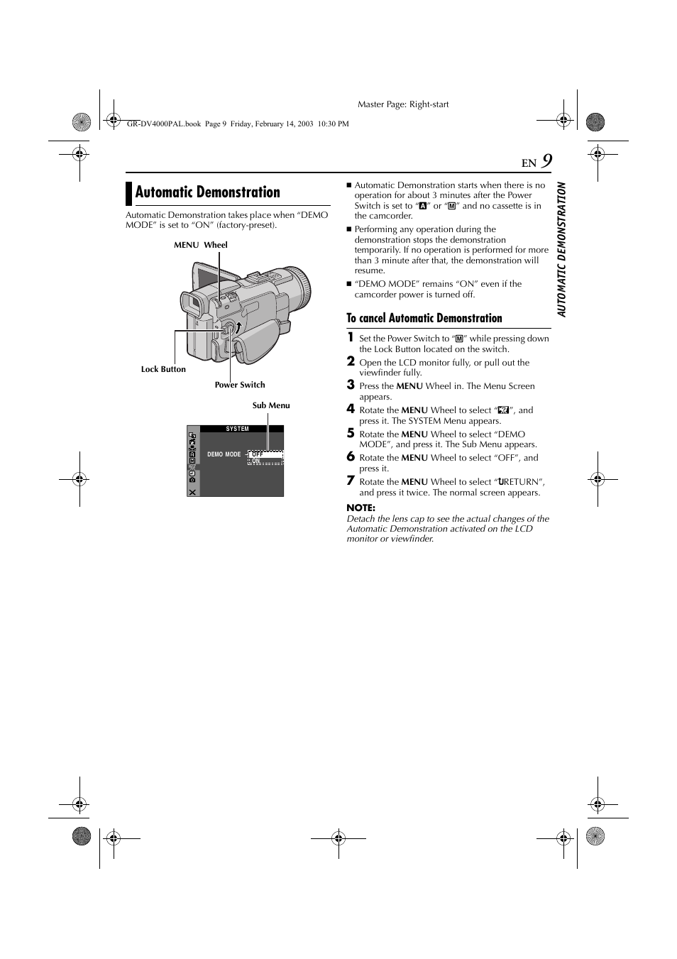 Automatic demonstration, Au to ma tic demonstra tion | JVC GR-DV4000 User Manual | Page 9 / 88