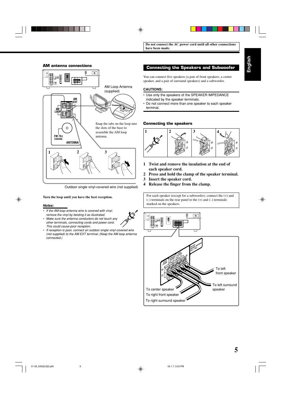 English, 12 3 connecting the speakers and subwoofer, Am antenna connections | Connecting the speakers | JVC LVT1290-007A User Manual | Page 7 / 35