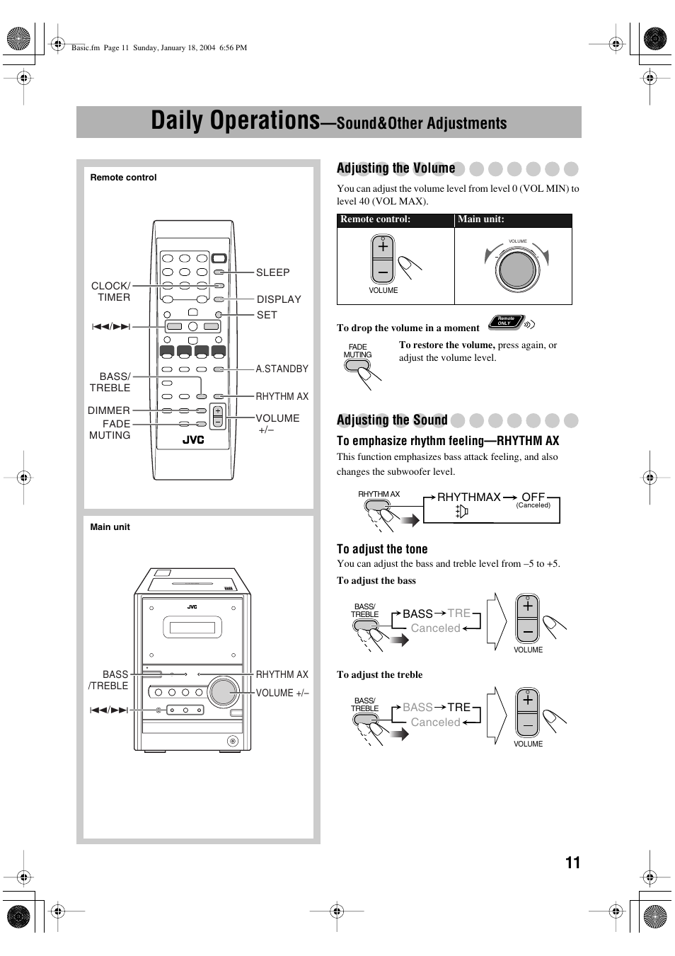 Daily operations, Sound&other adjustments, Adjusting the volume | Adjusting the sound | JVC UX-P400 User Manual | Page 13 / 32