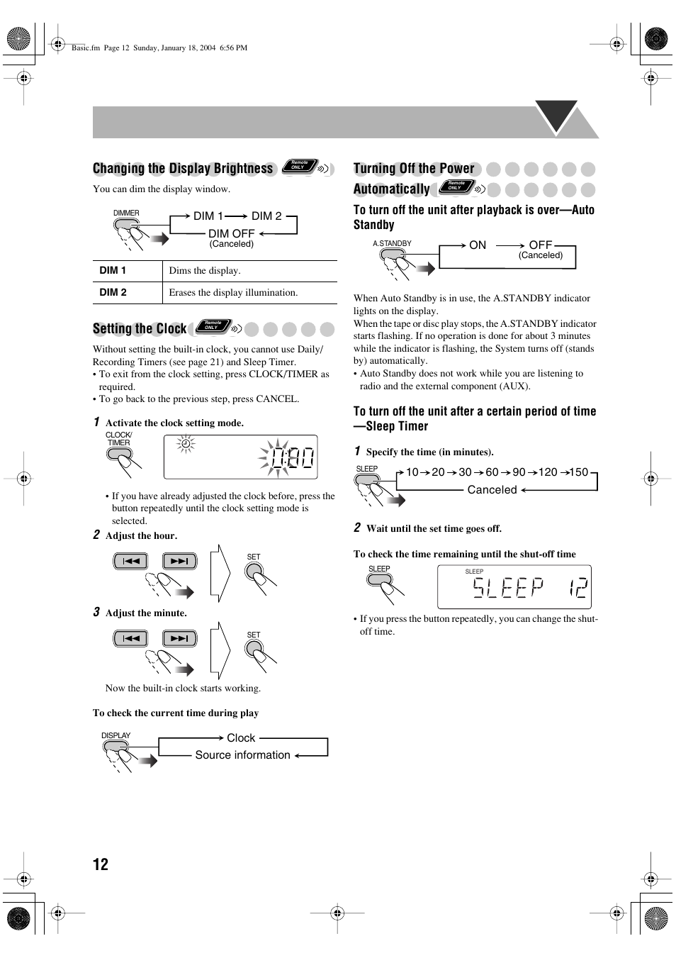 Changing the display brightness, Setting the clock, Turning off the power automatically | JVC UX-P400 User Manual | Page 14 / 32