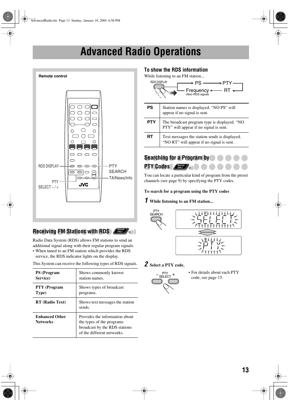 Advanced radio operations, Receiving fm stations with rds, Searching for a program by pty codes | JVC UX-P400 User Manual | Page 15 / 32