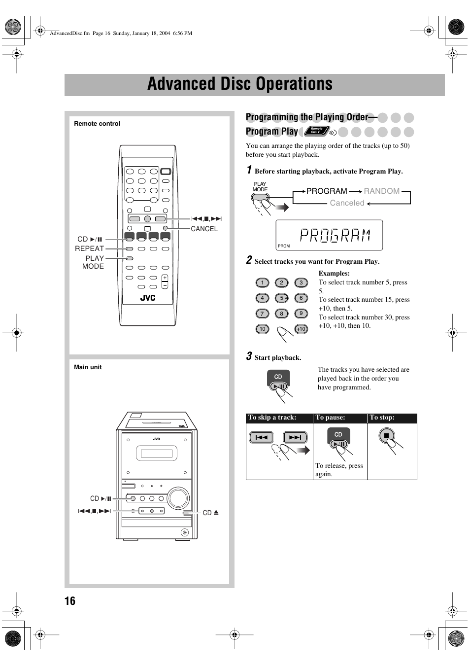 Advanced disc operations, Programming the playing order— program play | JVC UX-P400 User Manual | Page 18 / 32