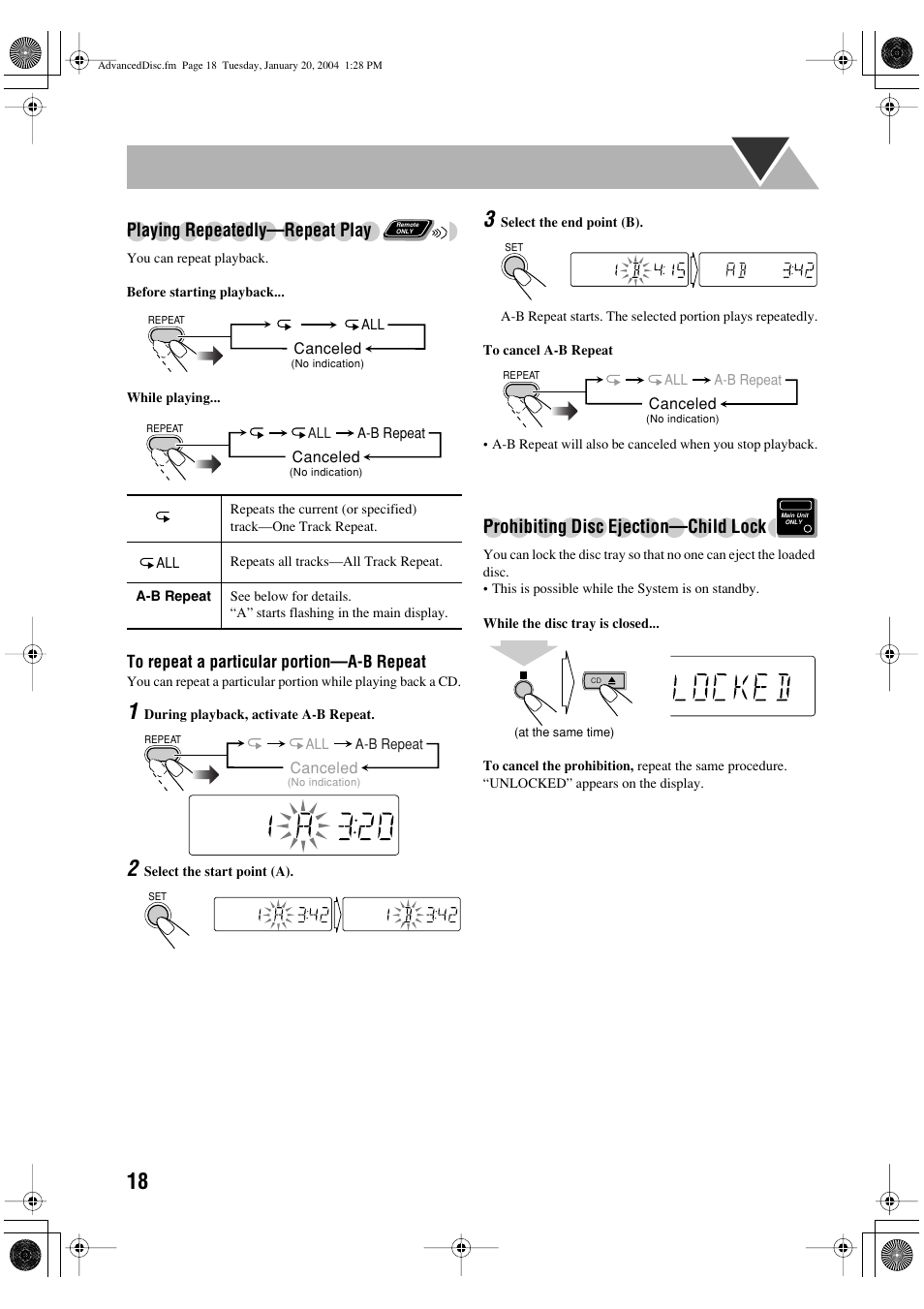 Playing repeatedly—repeat play, Prohibiting disc ejection—child lock | JVC UX-P400 User Manual | Page 20 / 32