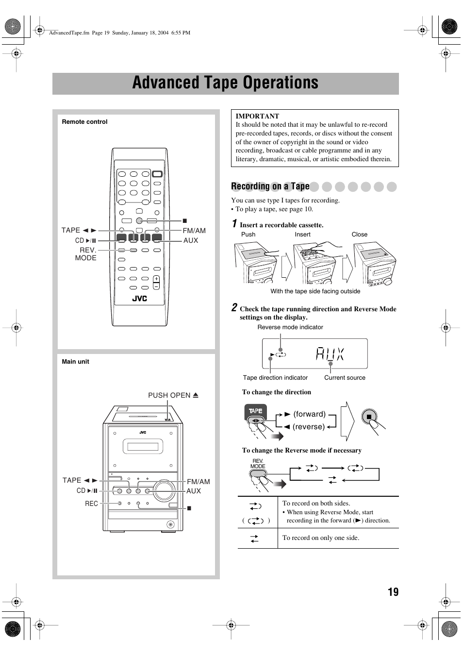 Advanced tape operations, Recording on a tape | JVC UX-P400 User Manual | Page 21 / 32