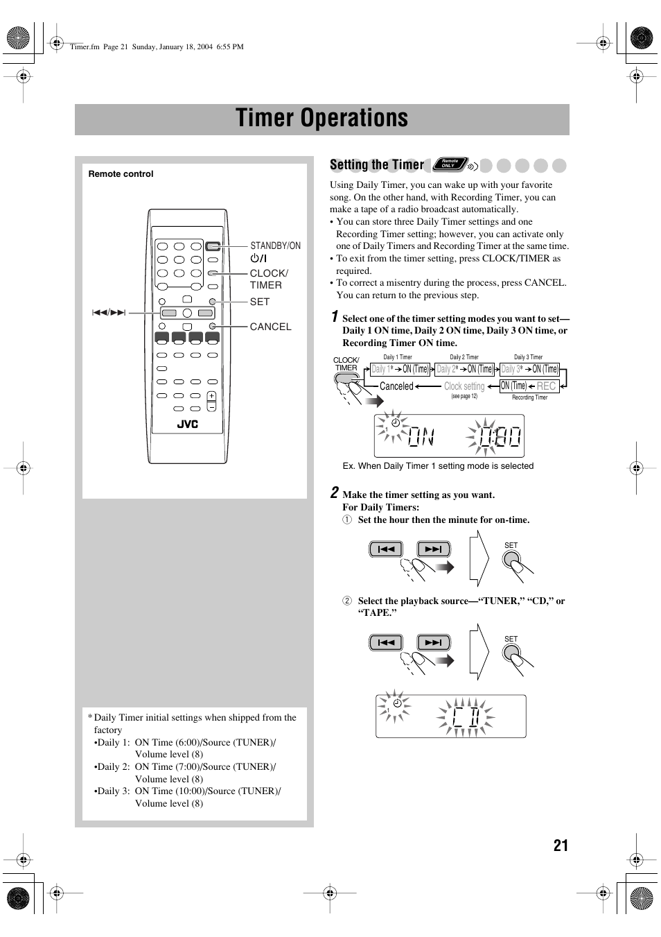 Timer operations, Setting the timer | JVC UX-P400 User Manual | Page 23 / 32