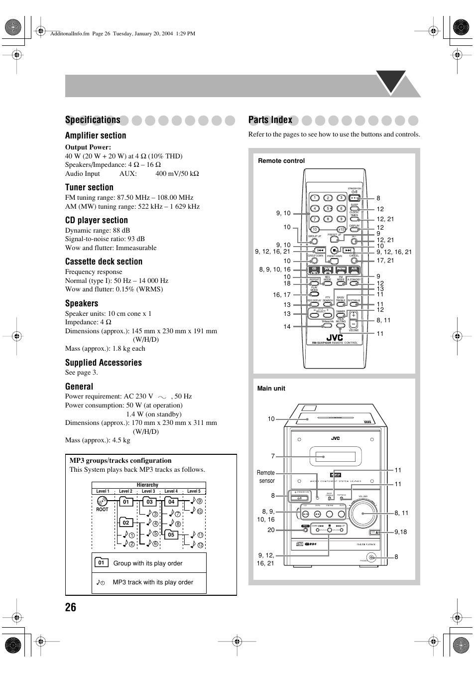 Specifications, Parts index, Speakers | Supplied accessories, General | JVC UX-P400 User Manual | Page 28 / 32