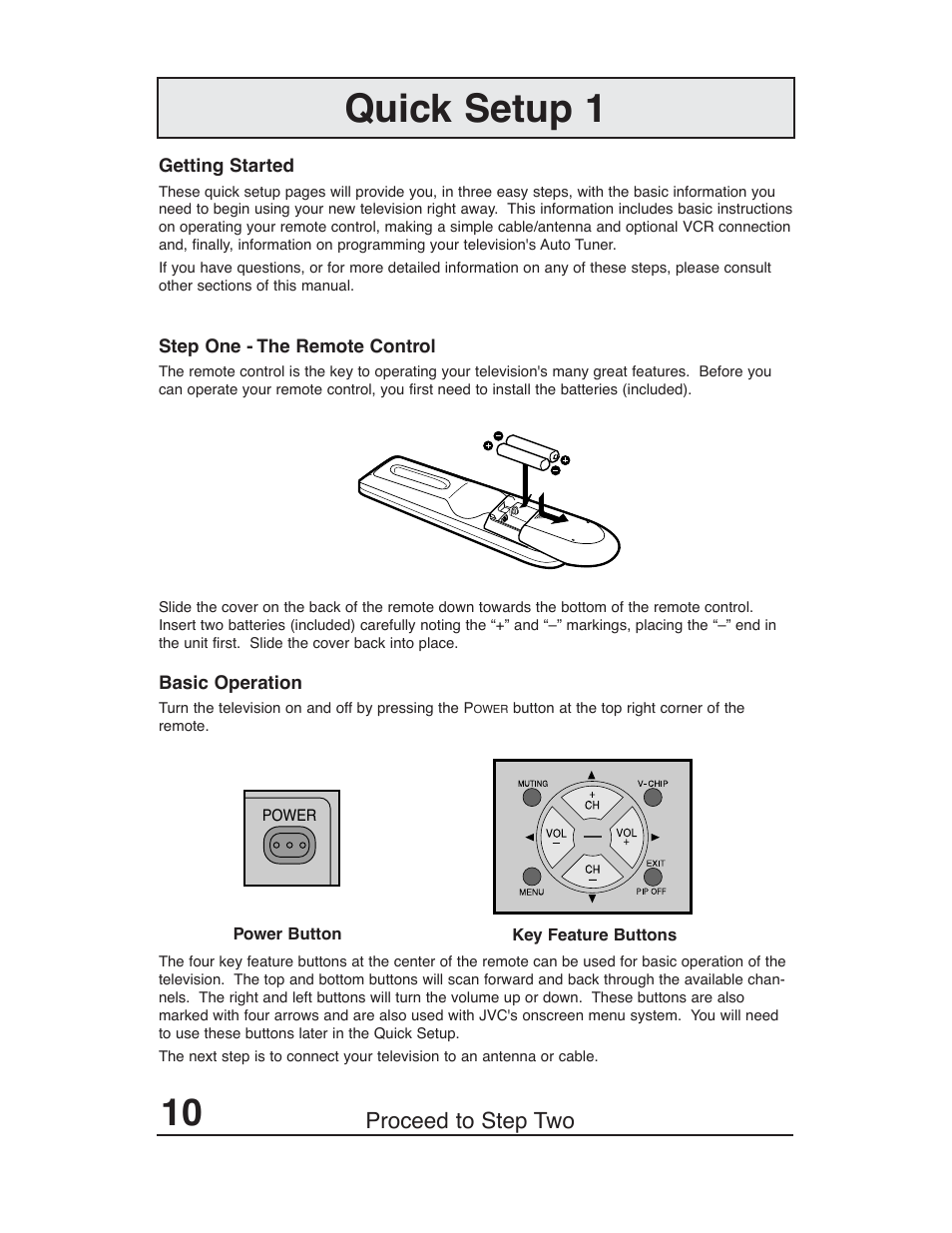 Quick setup, Quick setup 1, Proceed to step two | JVC AV 36P903 User Manual | Page 10 / 60