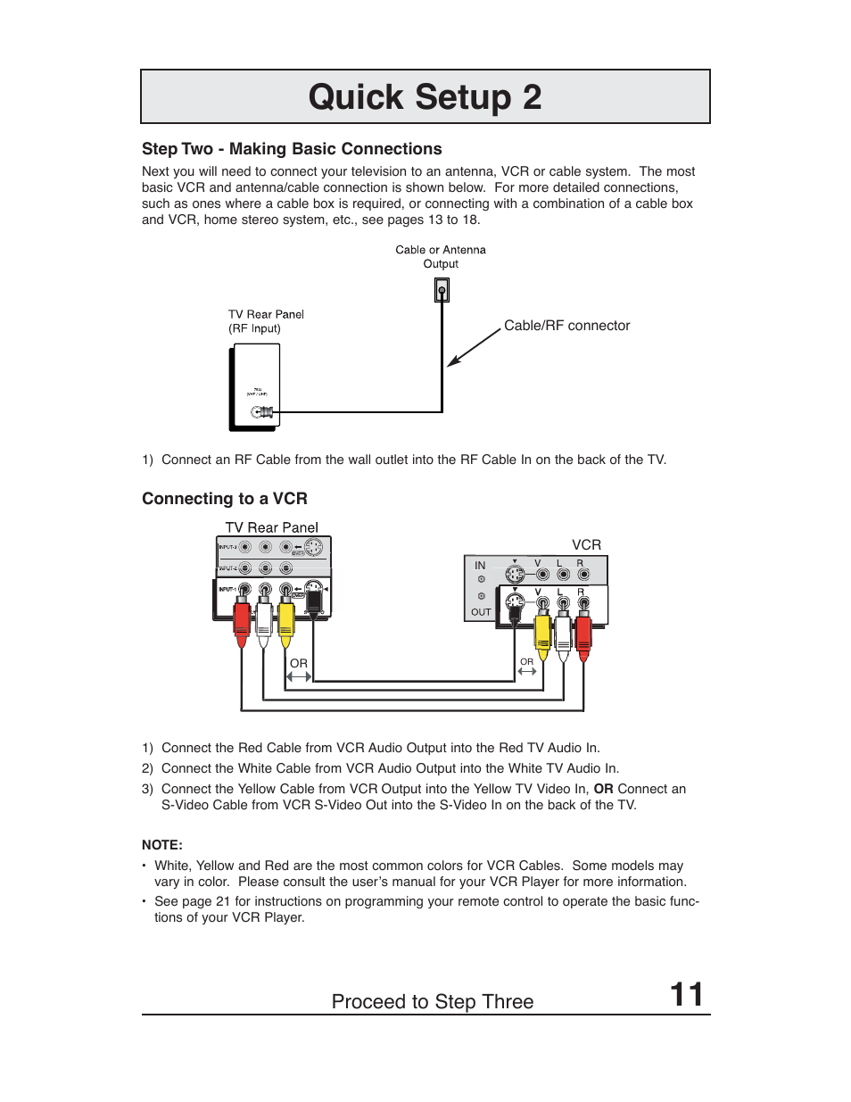 Quick setup 2, Proceed to step three | JVC AV 36P903 User Manual | Page 11 / 60