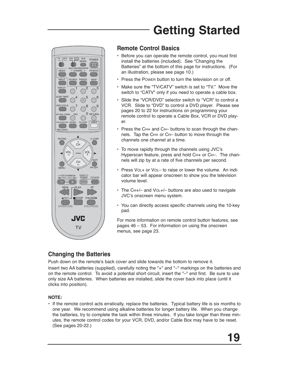Remote setup, Getting started, Changing the batteries | Remote control basics | JVC AV 36P903 User Manual | Page 19 / 60