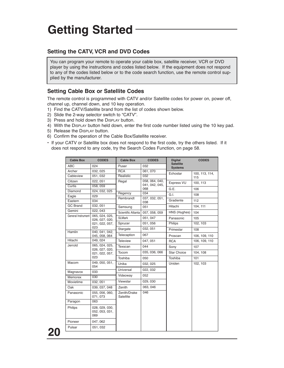 Getting started, Setting the catv, vcr and dvd codes, Setting cable box or satellite codes | JVC AV 36P903 User Manual | Page 20 / 60