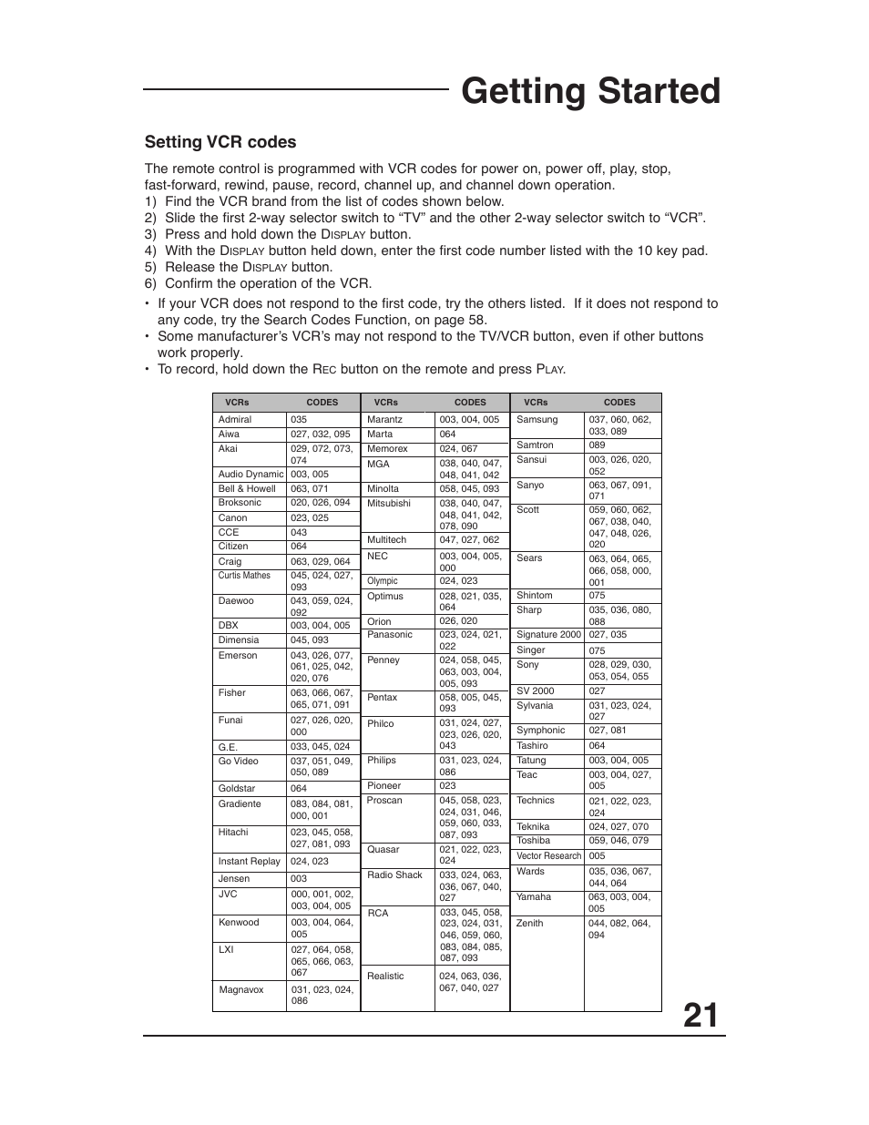 Getting started, Setting vcr codes | JVC AV 36P903 User Manual | Page 21 / 60