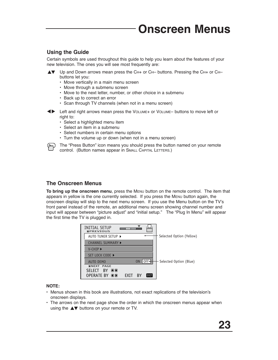 On-screen menus, Onscreen menus, Using the guide the onscreen menus | JVC AV 36P903 User Manual | Page 23 / 60