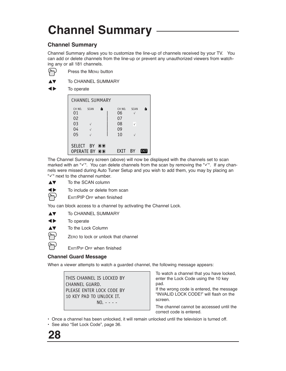 Channel summary menu, Channel summary | JVC AV 36P903 User Manual | Page 28 / 60