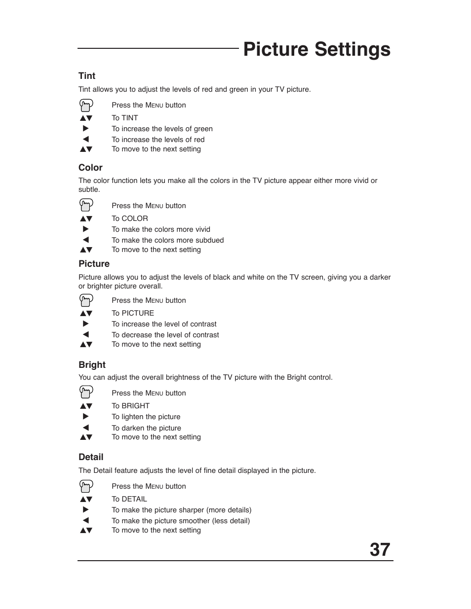 Picture settings menu, Picture settings | JVC AV 36P903 User Manual | Page 37 / 60
