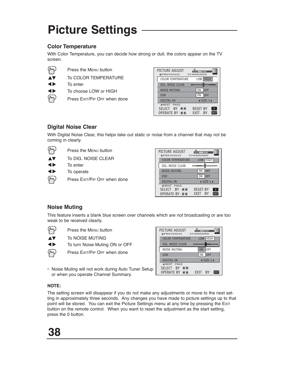 Picture settings, Color temperature digital noise clear, Noise muting | JVC AV 36P903 User Manual | Page 38 / 60