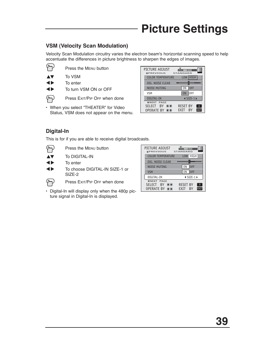Picture settings, Vsm (velocity scan modulation), Digital-in | JVC AV 36P903 User Manual | Page 39 / 60