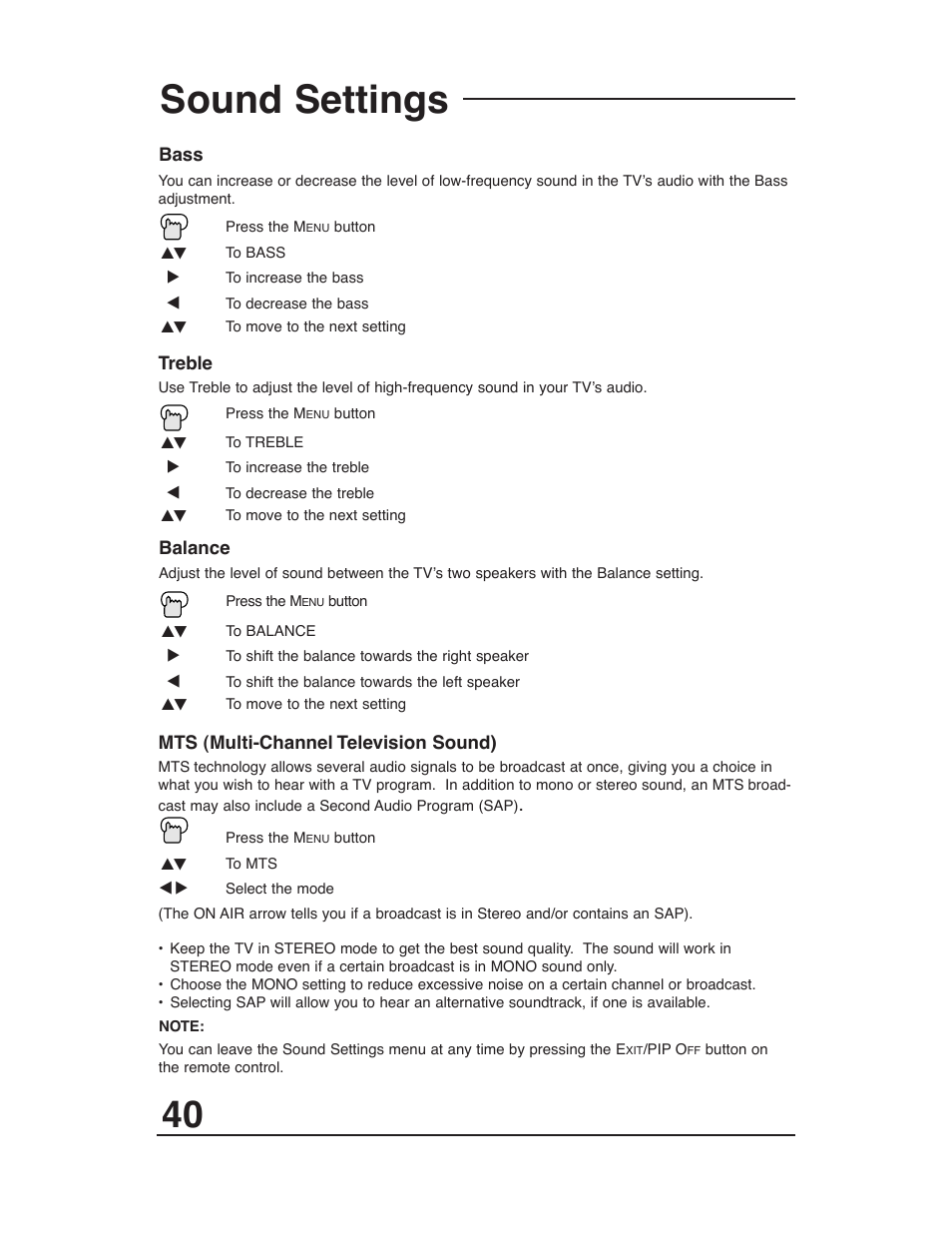 Sound settings menu, Sound settings | JVC AV 36P903 User Manual | Page 40 / 60
