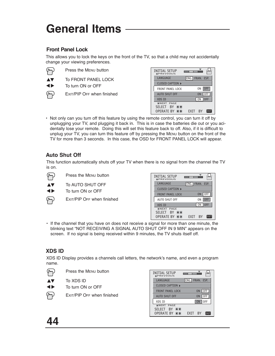 Front panel lock, Auto shut off, Xds id | General items | JVC AV 36P903 User Manual | Page 44 / 60