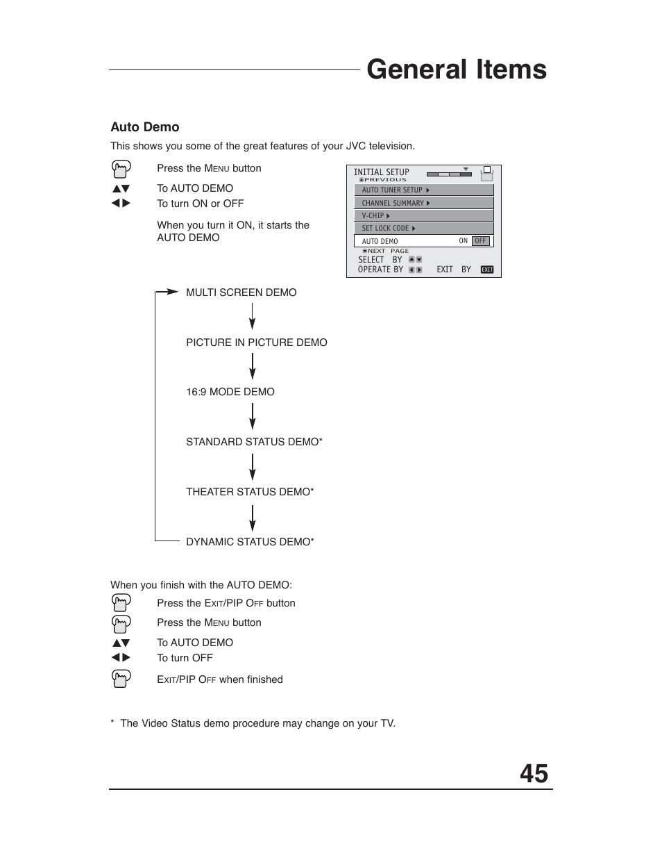 Auto demo, General items | JVC AV 36P903 User Manual | Page 45 / 60