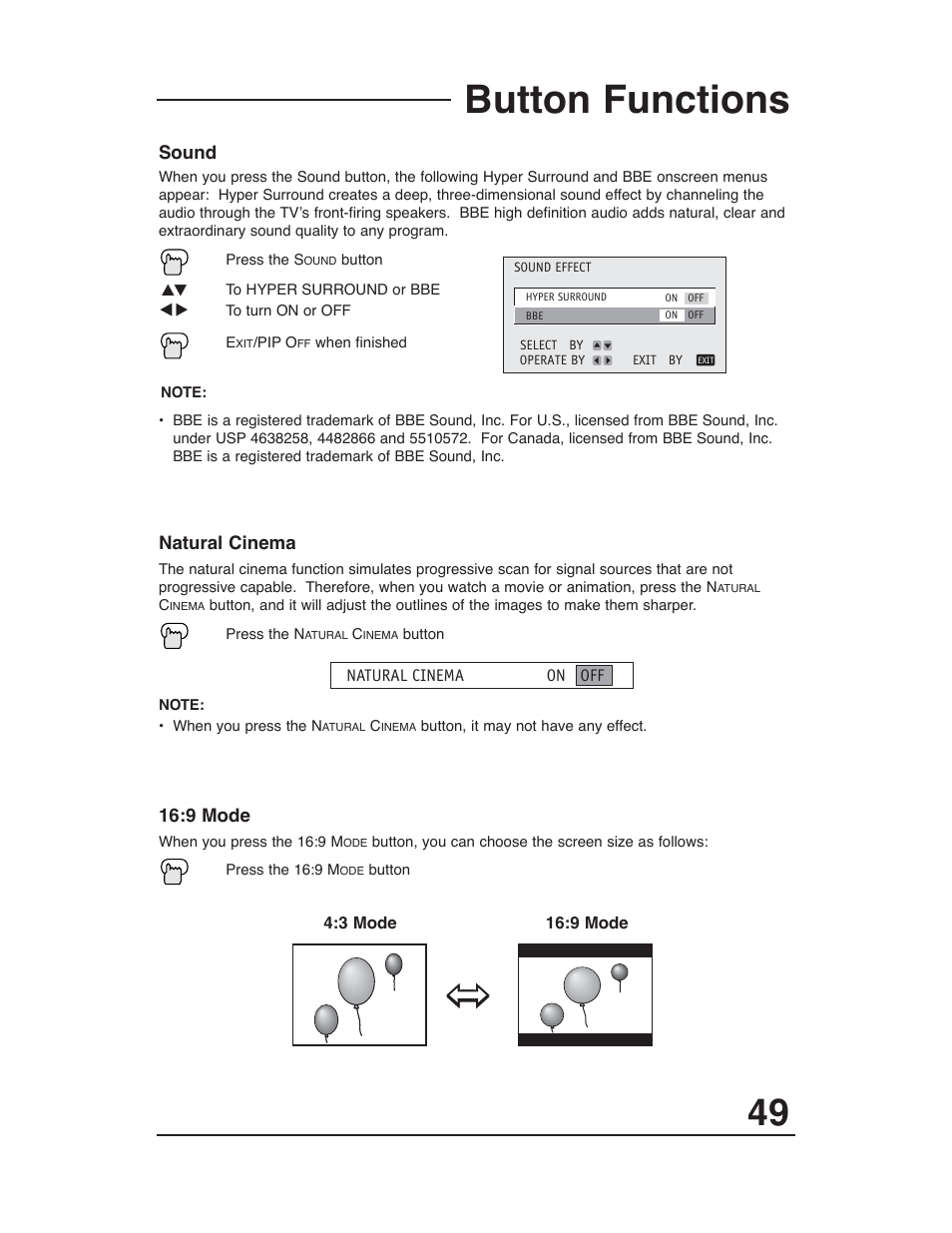 Button functions, Natural cinema, 9 mode | Sound | JVC AV 36P903 User Manual | Page 49 / 60