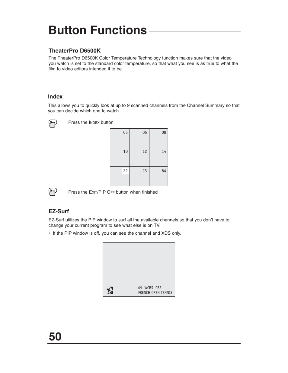 Button functions | JVC AV 36P903 User Manual | Page 50 / 60