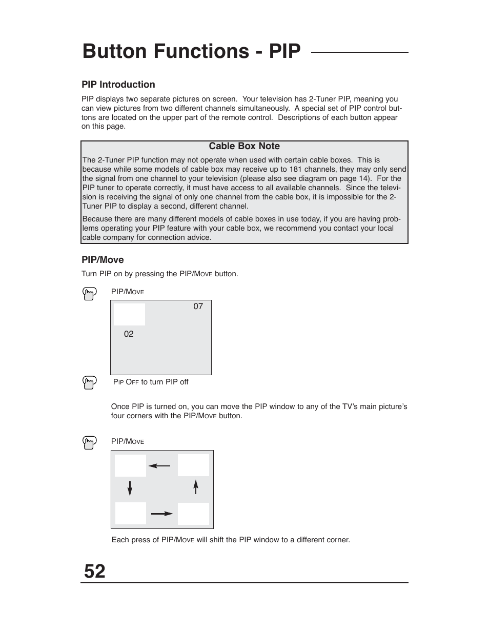 Button functions - pip | JVC AV 36P903 User Manual | Page 52 / 60